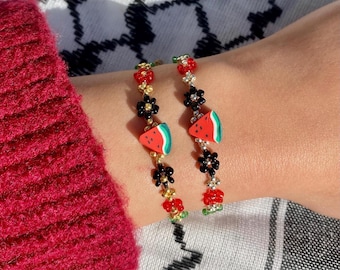 Palästina Wassermelone Blume Perlen Armband, Gold und Silber, Palästina Flagge Farben, Palästina Armband, Blumen Perlen Armband, Geschenk