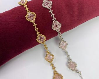 Pink  Four Leaf Clover Beaded Bracelet, Gold Jewellery, Silver Jewellery, Crystal Jewellery, Beaded Jewellery, Gift for Her
