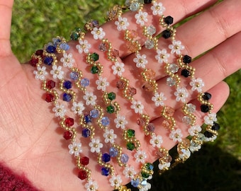 Flower Crystal Beaded Bracelets, Dainty Bracelet, Floral Bracelet, Silver Bracelet, Gold Bracelet, Gift for Her, Handemade Jewellery