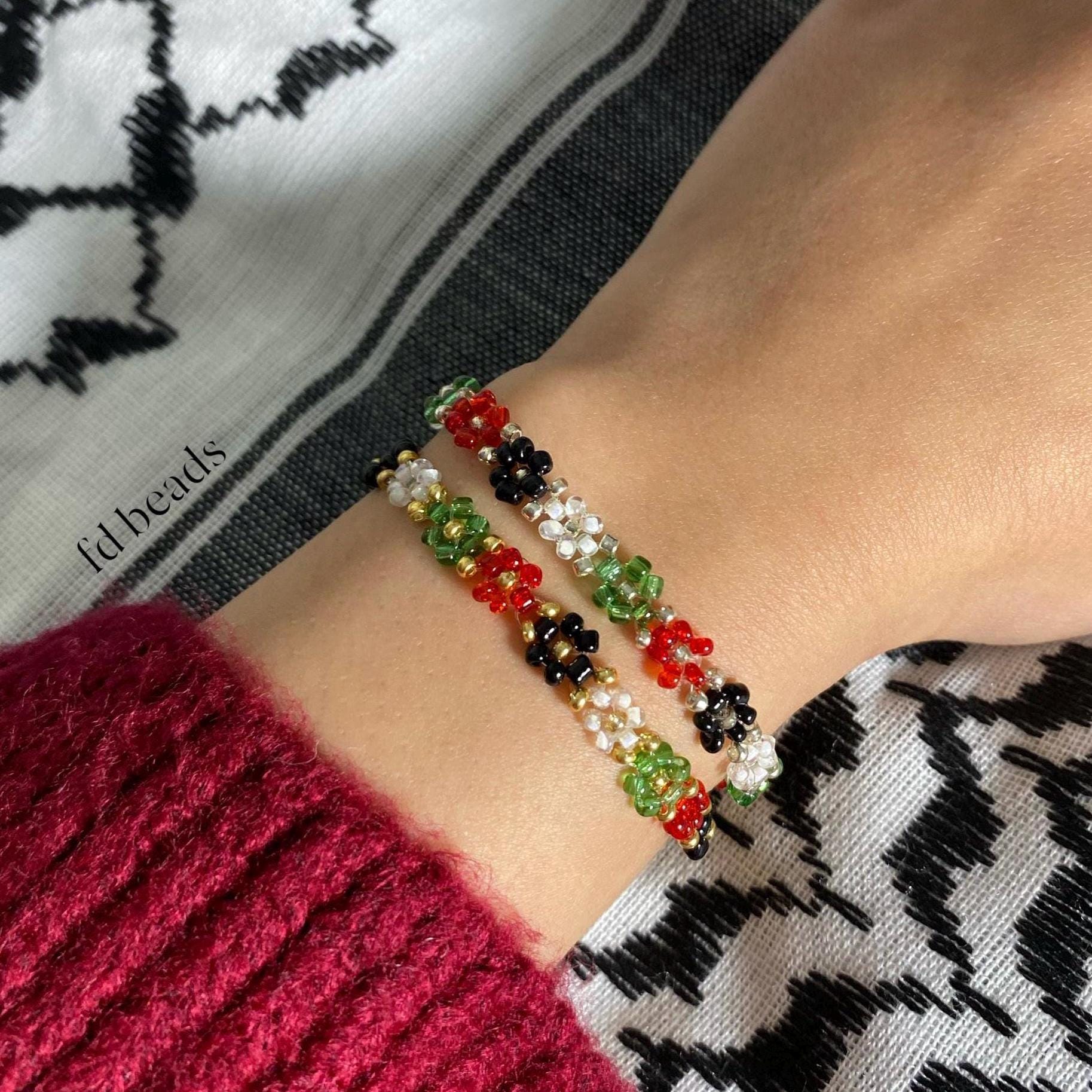 Palestine Flower Beaded Bracelet, Gold and Silver, Palestine Flag Colours, Palestine Bracelet, Flower Beaded Bracelet, Bracelet Gift