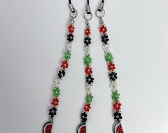 Handgemachte Perlen Palästina Blume Handy Anhänger, Silber Schlüsselanhänger, Wassermelone Schlüsselanhänger, Taschenanhänger, Taschenanhänger, Accessoire