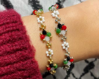 Palästina Kristall Blume Perlen Armband, Gold und Silber, Palästina Flagge Farben, Palästina Armband, Blumen Perlen Armband, Armband Geschenk