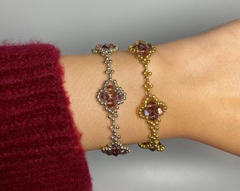 Plum Four Leaf Clover Beaded Bracelet, Flower Beaded Bracelet, Gold Jewellery, Silver Jewellery, Jewellery Gift for Her, Purple Clover