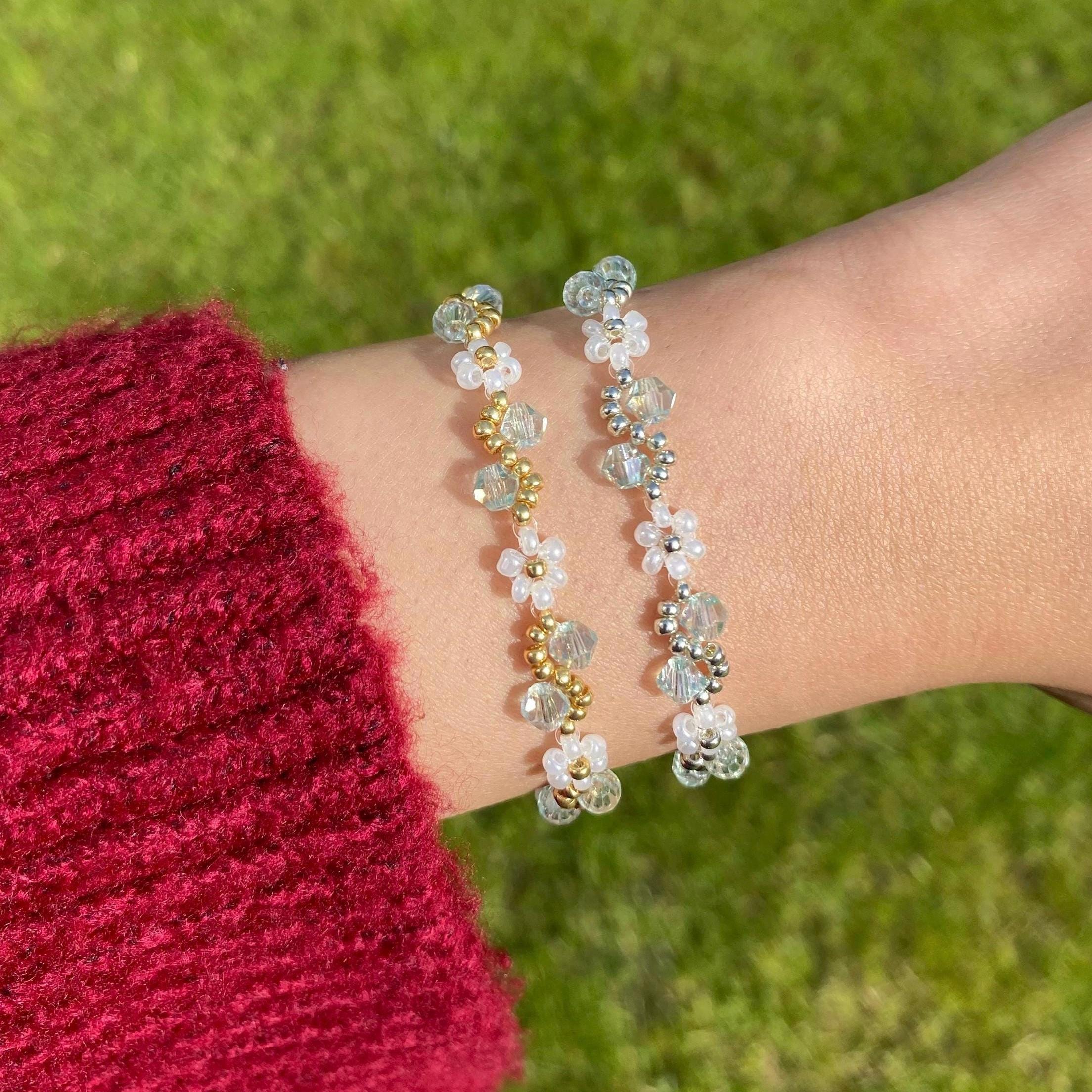 Ice Blue Beaded Flower Bracelets, Dainty Bracelet, Floral Bracelet, Aesthetic Bracelet, Silver Bracelet, Gold Bracelet, Gift for Her