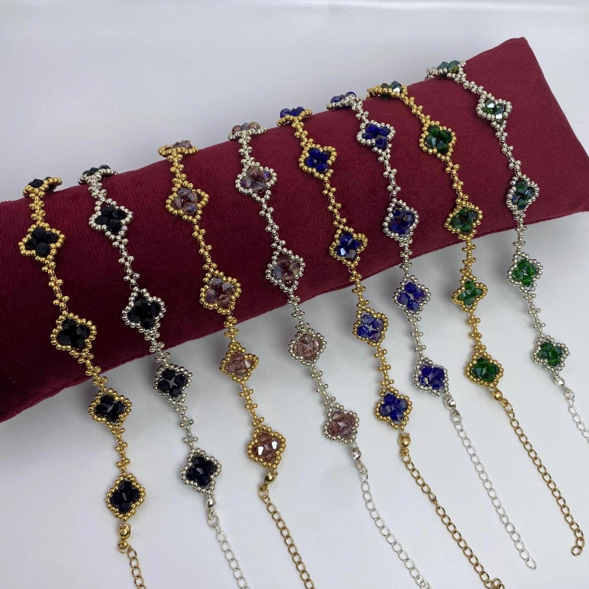 Four Leaf Clover Beaded Bracelet, Gold Jewellery, Silver Jewellery, Royal Jewellery, Beaded Jewellery, Gift for Her Black/Green/Blue/Purple