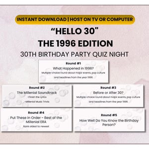 以下が含まれることがあります： 30歳の誕生日パーティーのクイズナイト用のデジタルダウンロード。デザインには「HELLO 30」と「THE 1996 EDITION」の文字が使用されています。クイズには、1996年の出来事、音楽、トリビアに関するラウンドが含まれています。背景は薄いピンク色で、白いボーダーがあります。