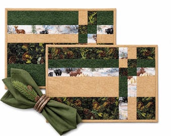 Gesteppte Woodland Tischsets | 2er-Set | Rustikale Waldhütte Tischdekoration