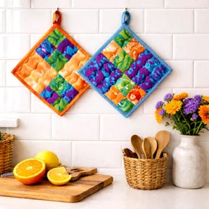 Quilted Batik Patchwork Potholder | Bright Orange, Green, Blue Kitchen Accent