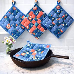 Handmade Quilted Floral Potholders | Blue Orange Patchwork | Country Charm | Hostess Gift