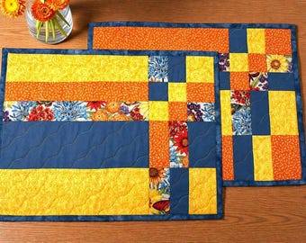 Floral Spring Summer Placemats | Set of 2 | Orange Yellow Blue | Butterflies