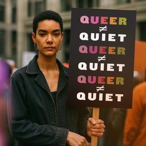 Peut inclure: Une personne tient une pancarte avec l'inscription "QUEER ≠ QUIET" en blanc, rose et vert sur fond noir. La personne porte une veste en jean noire et des créoles. L'arrière-plan est flou.