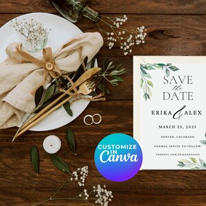 Editable Watercolor Leaves Wedding Save The Date, Canva Template Instant Digital Download
