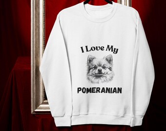 Puede incluir: Sudadera blanca con una ilustración en blanco y negro de un perro Pomerania y el texto "Amo a mi Pomerania".