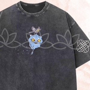 Cat and Bird Embroidered Washed TShirt, Derpy Tiger Demon Hunters Tee, Gift For Her, KPOP Band Huntrix Fan Shirt, Funny Tiger Saja Girls