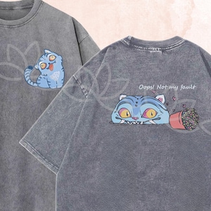 Funny Derpy Tiger Embroidered Washed TShirt, Demon Hunter Tee, KPOP Band Huntrix Fan Shirt, Derpy Tiger and Bird, Saja Girls Gift for Him