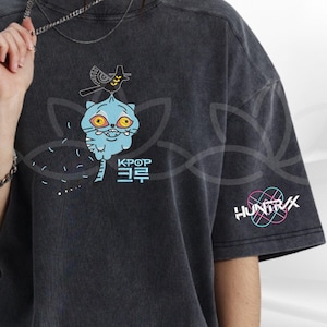 Derpy Tiger and Bird Demon Hunter Washed Embroidery TShirt, KPOP Band Huntrix Fan Shirt, Demon Hunters Tiger Tee, Saja Tee, Gift Huntrix Fan