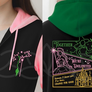 May include: Black zip-up hoodie with pink lining and a green and pink graphic on the front. The back features a green hood and a neon graphic with text that reads "Together", "We're Unlimited", and "Change for Good".