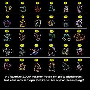 May include: A black background features 30 neon-outlined Pok&eacute;mon characters, each numbered. The image includes the text: "We have over 1,000+ Pok&eacute;mon models for you to choose from!" and instructions to personalise an order.