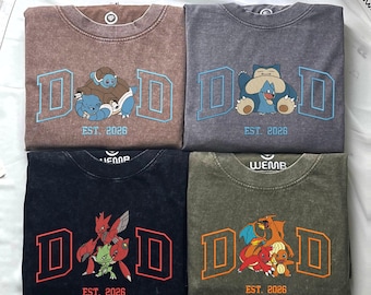 Personalized Dad PKM Embroidered Washed Shirt, Custom Anime Characters Embroidery, Pokedad Unisex Cotton Shirt