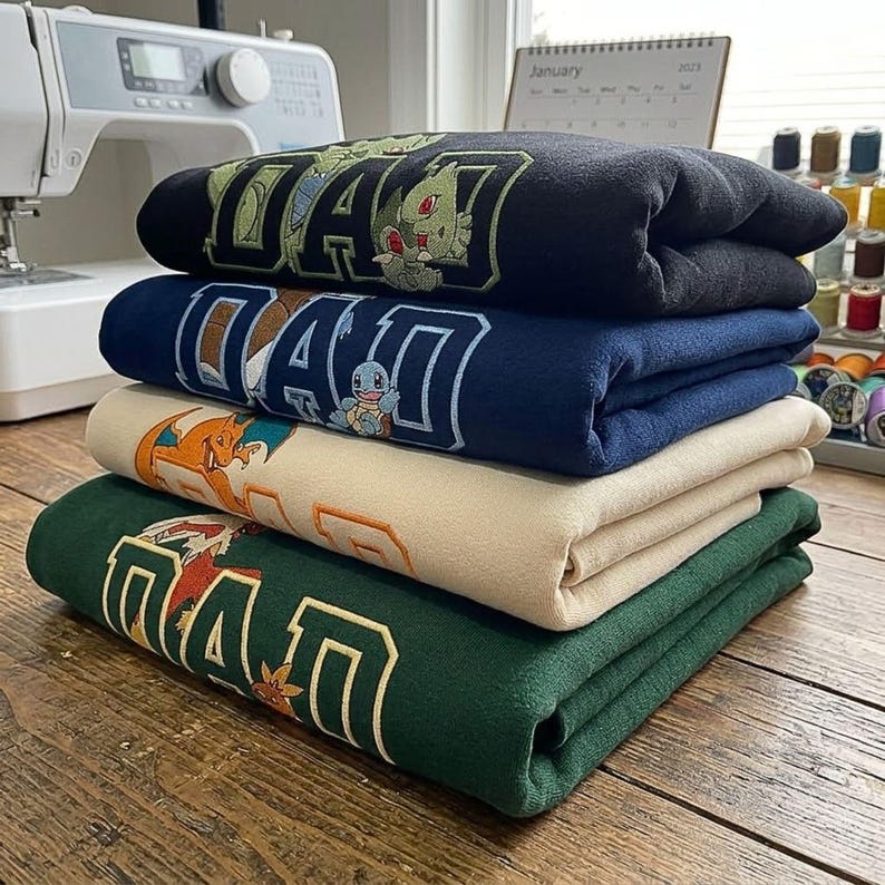May include: A stack of four folded sweatshirts in black, navy blue, cream, and dark green. Each sweatshirt features the word DAD in large block letters with embroidered cartoon characters integrated into the design, including Bulbasaur and Squirtle.