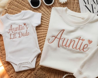 Embroidered Auntie and Auntie's Lil Dude Sweatshirt, New Aunt Gift For Kids, Custom Matching Family Shirt, Auntie and Nephew Shirt