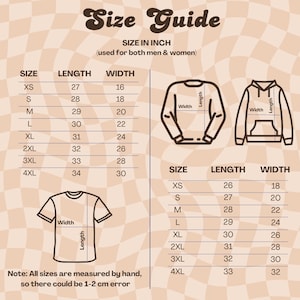 May include: A size guide chart with a wavy beige and white background. It displays tables for length and width in inches for XS to 4XL sizes, featuring line drawings of a sweatshirt, a hoodie, and a t-shirt with labeled dimensions.