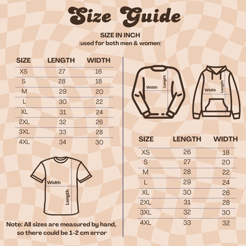 May include: A size guide chart with a wavy beige and white background. It displays tables for length and width in inches for XS to 4XL sizes, featuring line drawings of a sweatshirt, a hoodie, and a t-shirt with labeled dimensions.