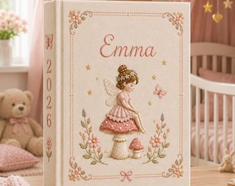 May include: A cream-colored fabric-covered photo album featuring embroidered details. The cover displays the name Emma, the year 2026, a fairy sitting on a mushroom, flowers, stars, and butterflies in soft pink, green, and gold thread colors.