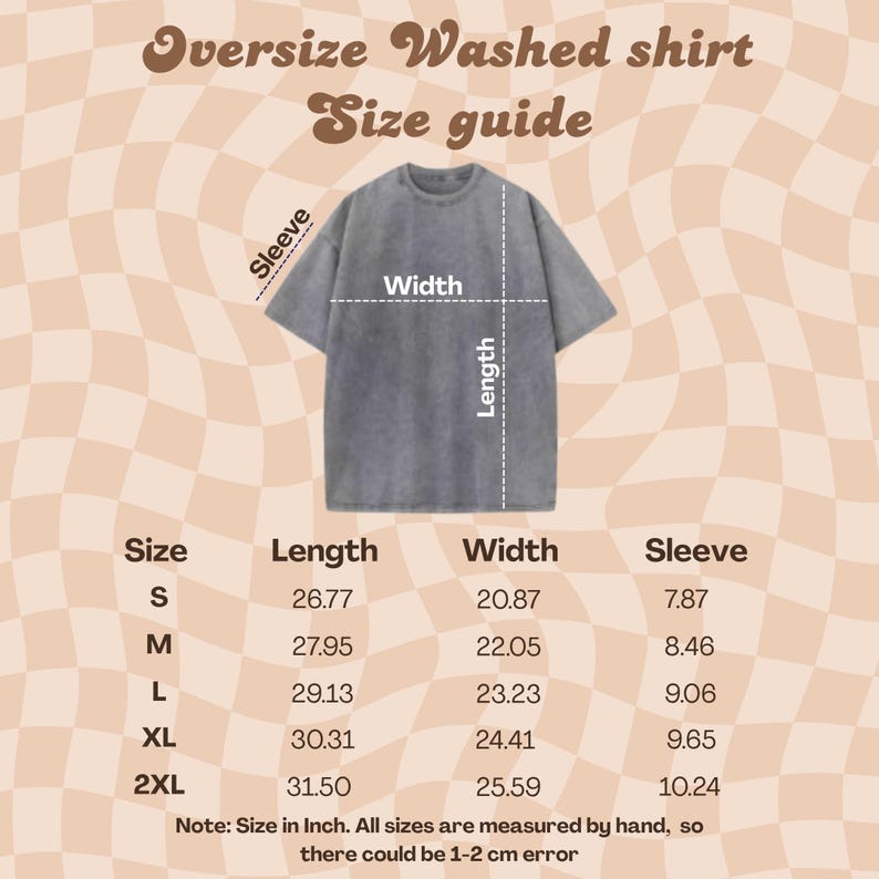 May include: A gray, oversized washed shirt with a size guide. The shirt's length ranges from 26.77 to 31.50 inches, width from 20.87 to 25.59 inches, and sleeve from 7.87 to 10.24 inches. Sizes include S, M, L, XL, and 2XL.