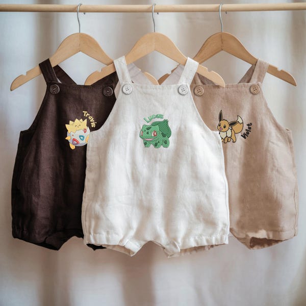 Pelele de lino PKM con nombre personalizado bordado para bebé, tallas 12 M, 18 M y 24 M. Regalo personalizado para bebé recién nacido.