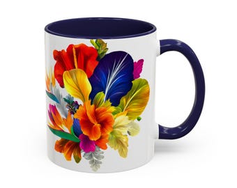 FLORAL DOPAMINE ACCENT Coffee Mug Two Sizes (11, 15oz) Choose From Several Accent Colors Popular Trending Mug Kitchen Or Office Decor