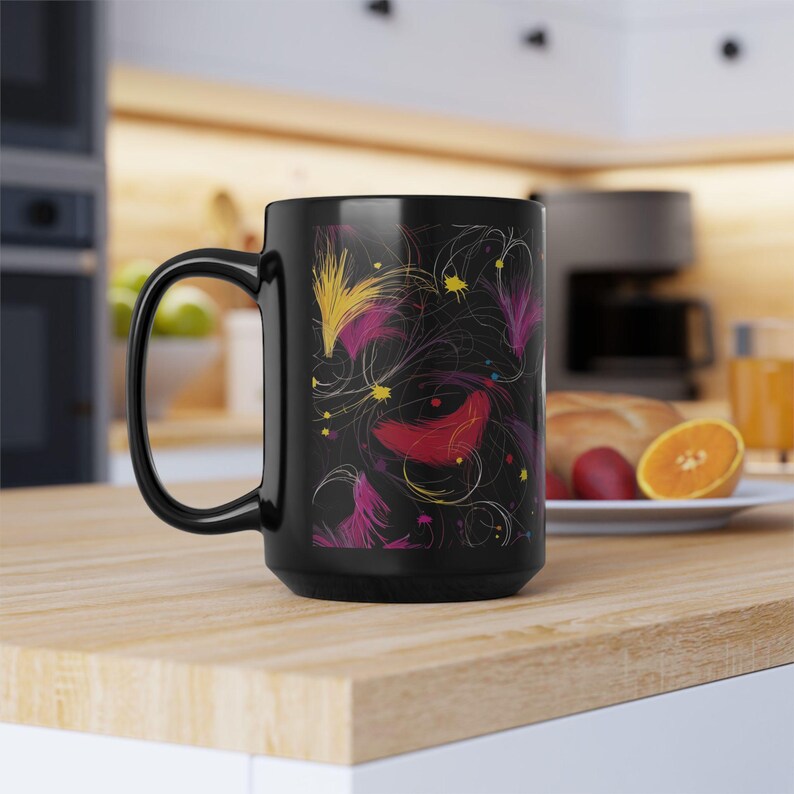 Contemporary Swirl Black Mug, Colorful Artistic Coffee Cup, Modern Heat-Resistant Drinkware, Unique Gift, Birthday Present image 8