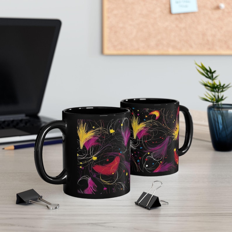 Contemporary Swirl Black Mug, Colorful Artistic Coffee Cup, Modern Heat-Resistant Drinkware, Unique Gift, Birthday Present image 1