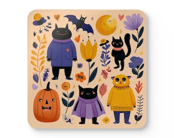 HALLOWEEN CATS  COASTER Four Set Party Drink Coasters High Glass Top Spooky Fun Cat Halloween Themed Gifts For Home Or Office Decor