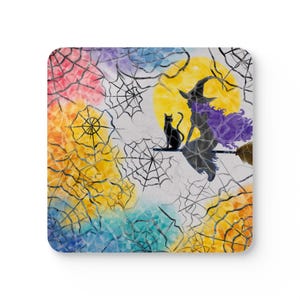 BROOMSTICK WITCH Coaster Four Set Popular Color Mix Halloween Themed Party Coasters High Gloss Top Fun Halloween Gift Spooky Fun Design