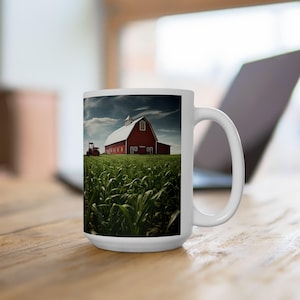 Vintage Farm Scene Ceramic Mug, Rustic Coffee Cup for Farmers, Country Home Decor, Agriculture Gift, Nature Lover&#39;s Mug