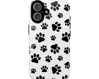 May include: White phone case with a black paw print pattern. The case has a cutout for the camera lens.