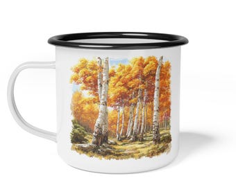 ASPEN AUTUMN ENAMEL Camp Cup Fall Camping Essential Aspen Tree Design Kitchen Decor Gift For Campers Coffee Mug Outdoors Must Haves