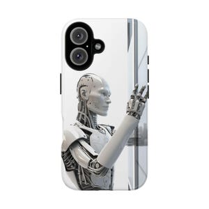May include: A white phone case featuring a detailed illustration of a futuristic robot. The robot is depicted in a three-quarter view, with its arm extended towards a window. The case has a glossy finish and a camera cutout.