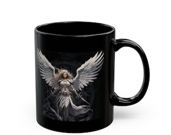 HEAVENLY ANGEL PROTECTOR Black Mug Symbolic Powers Angel, Office Home Decor Kitchen Gift Of Meaning Quality Durable Ceramic Coffee Mug