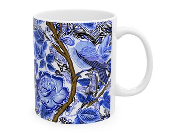 BLUE CHINESE DESIGNED Ceramic Mug Two Sizes 11oz & 15oz Floral Bird Themed Durable White Ceramic Best Seller Mug Home Decor Memorable Gift