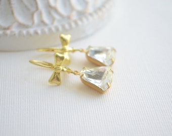 Crystal Jewel Earrings with Bow in Gold Bridgerton Style Earrings Vintage Jewel Earrings Bell Shaped Stone Gift for Her