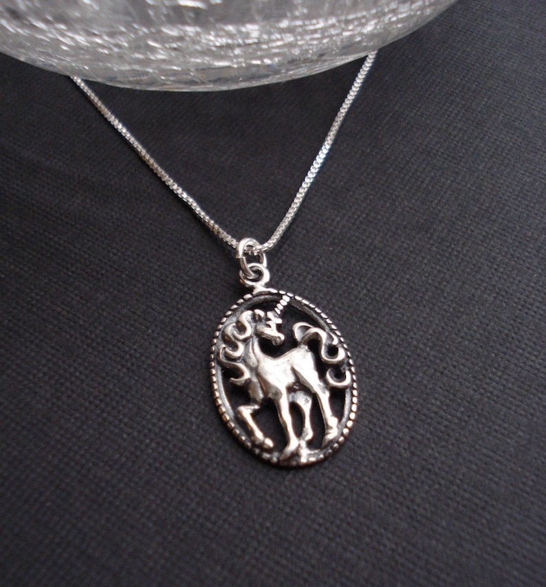 Unicorn Necklace In Sterling Silver With Venetian Box Chain Unicorn Pendant Fantasy Jewelry Gift For Her All Sterling Silver Necklace image 1