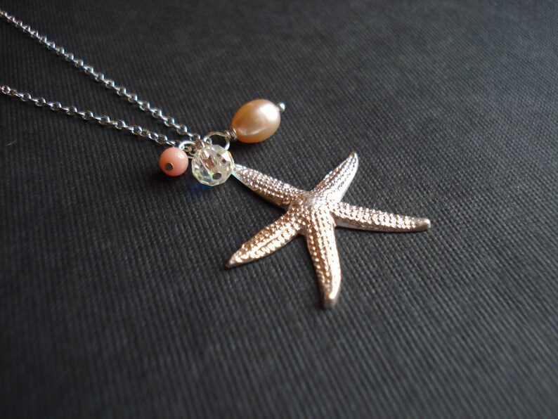 Large Starfish Necklace in Sterling Silver Pink Coral Pearl Beach Necklace Mediterranean Jewelry Mermaid Necklace Beach Wedding Jewelry
