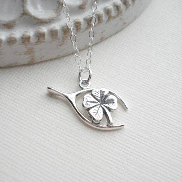 Shamrock and Wishbone Necklace Lucky Charms Necklace Silver Clover Necklace Four Leaf Clover Modern Everyday Jewelry Gift For Her