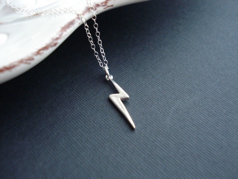 Lightning Bolt Necklace In Sterling Silver Thunder Bolt Pendant David Bowie Necklace Fantasy White, Magic, Gift For Her image 1