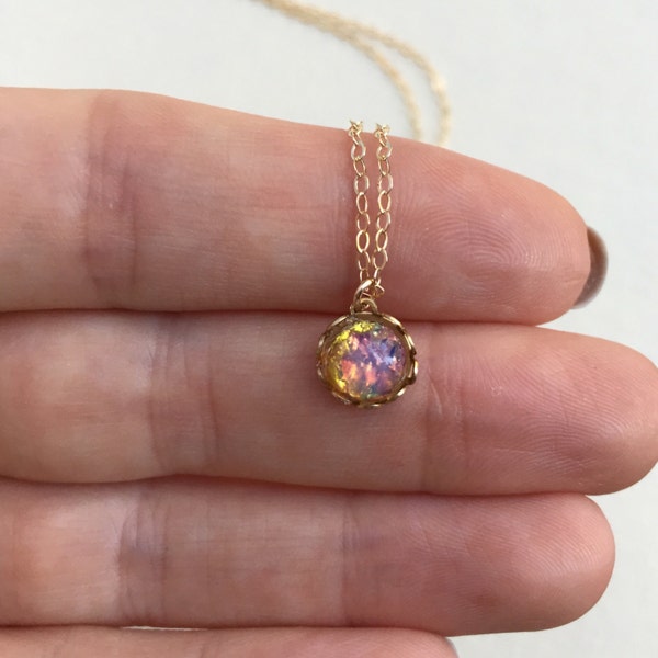 Small Vintage Locket Necklace. Fire Opal Gold Necklace, Round Locket Pendant, Gold Locket, Under 25