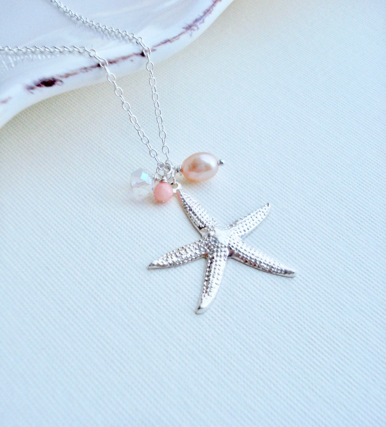 Large Starfish Necklace in Sterling Silver Pink Coral Pearl Beach Necklace Mediterranean Jewelry Mermaid Necklace Beach Wedding Jewelry