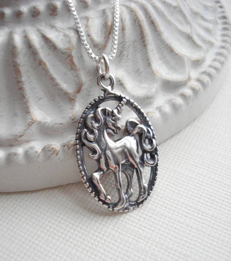 Unicorn Necklace In Sterling Silver With Venetian Box Chain Unicorn Pendant Fantasy Jewelry Gift For Her All Sterling Silver Necklace image 2