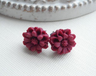 Bordeaux Flower Post Earrings Red Flower Earrings Studs Post Wine Red Rose Earrings Floral Post Earrings Burgundy Flower Hypoallergenic